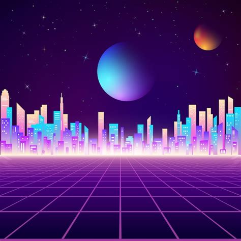 Premium Vector | Retro city landscape in neon colors