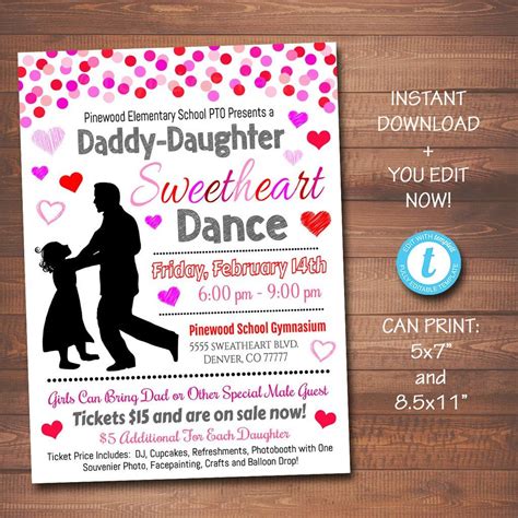 Daddy Daughter Sweetheart Valentine's Day Dance, School Dance Flyer Party Invite, Church ...