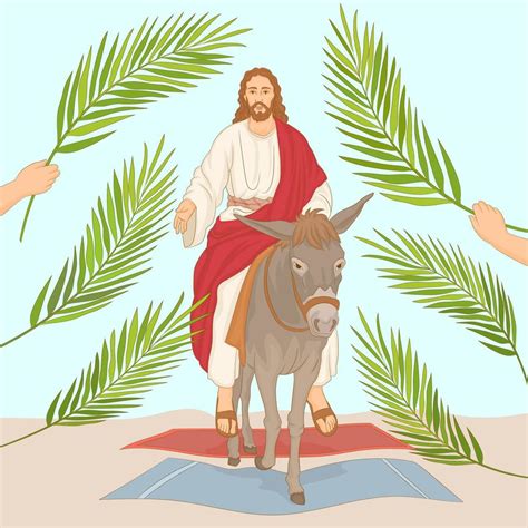 Palm Sunday, Jesus riding donkey entering Jerusalem with palm leaves. 5629611 Vector Art at Vecteezy