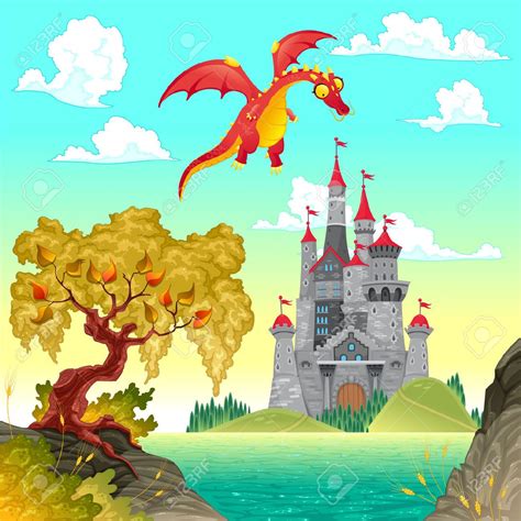 Fantasy landscape with castle and dragon. Vector illustration. | Fantasy landscape, Vector ...