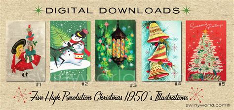 DIGITAL Vintage Christmas Card Bundle. 1950's Style Holiday Designs. R - swirly-world-design