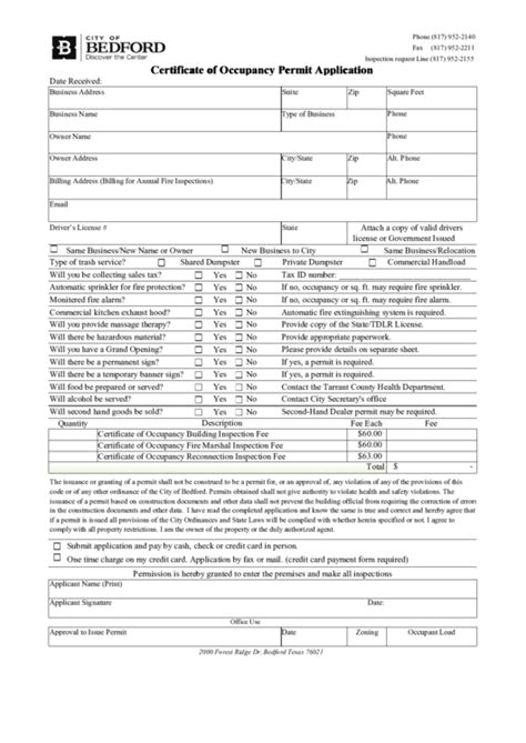 City Of Bedford Certificate Of Occupancy Permit Application printable ...