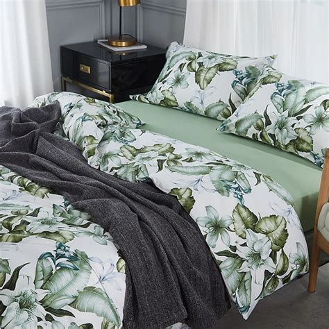 400TC Egyptian Cotton Queen King Size Bedding Set Duvet Cover Green Plant Pattern Green Flat ...