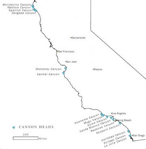 Submarine canyons cutting into the continental shelf along California's ...