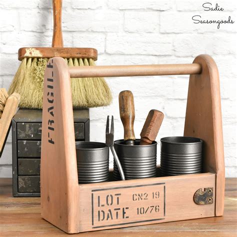 Industrial Style Decor with a Wooden Tool Caddy and Tin Cans