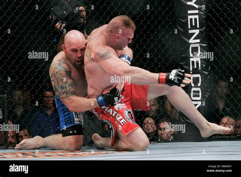 UFC fighter Brock Lesnar, right, fights Shane Carwin at UFC 116 at the ...