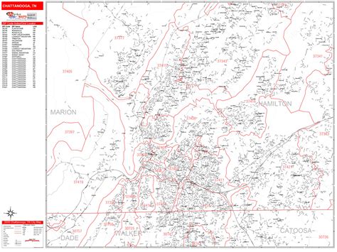 Chattanooga Tennessee Zip Code Wall Map (Red Line Style) by MarketMAPS ...