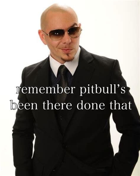 a bald man in a suit and sunglasses with a quote on the side that says, remember pitbull's been ...