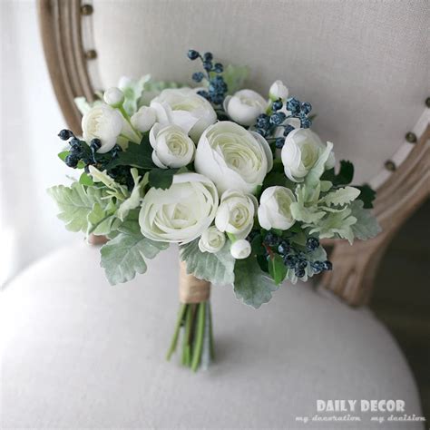 Artificial white tea rose bridal wedding bouquet, fake flowers berry bouquet bride bouquets ...