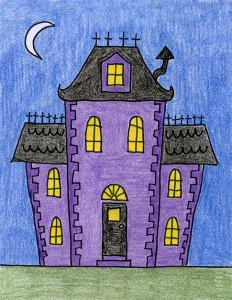 How to Draw a Haunted House: Easy Step-by-Step Art Lesson for Kids | Haunted house drawing, Art ...