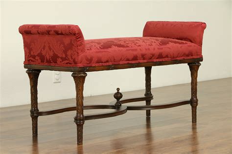 Bench with Arms, Antique Carved Walnut, New Upholstery