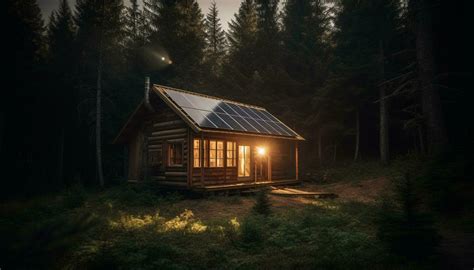 Rustic log cabin nestled in tranquil forest, illuminated by sunset ...