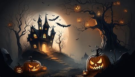 Premium Photo | Halloween background with glowing pumpkins and haunted ...