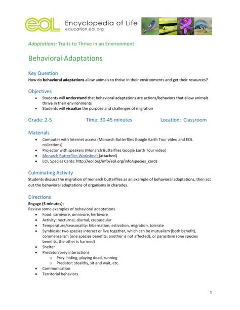 (PDF) Behavioral Adaptations - Education · Monarch Butterfly Migration Worksheet Answer these ...