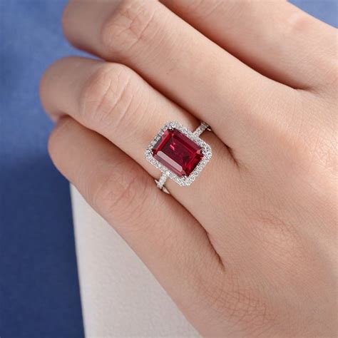 8*10mm Emerald Cut Lab Ruby Diamond Halo Engagement Ring