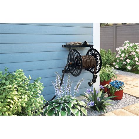 Suncast 125 ft. Slide Trak® Decorative Metal Wall Mount Garden Hose Reel with Shelf, Black ...