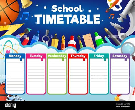 Colorful school timetable, weekly schedule with supplies and student ...