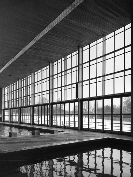 Swimming pool, Stevenage, Hertfordshire: glazed wall of the pool hall ...