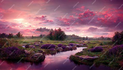 Premium Photo | Raster illustration of river in a lavender field beautiful scenery landscape ...