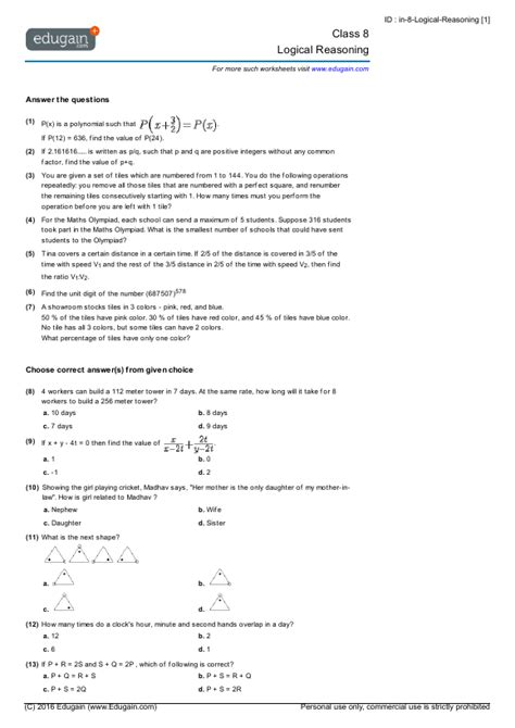 Logical Reasoning Worksheets For Grade 8 Pdf