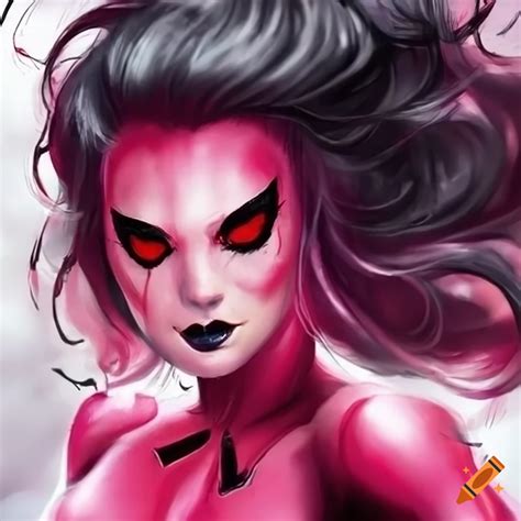 Pink widow spider-woman with black hair and green eyes on Craiyon