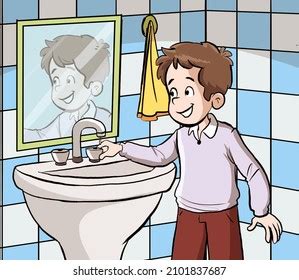 Boy Turning Off Tap Bathroom Cartoon Stock Vector (Royalty Free ...