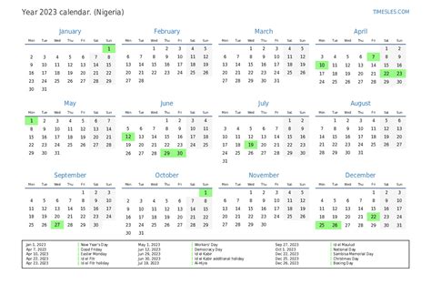 Calendar for 2023 with holidays in Nigeria | Print and download calendar