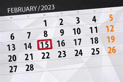 Premium Photo | Calendar 2023 deadline day month page organizer date february wednesday number 15