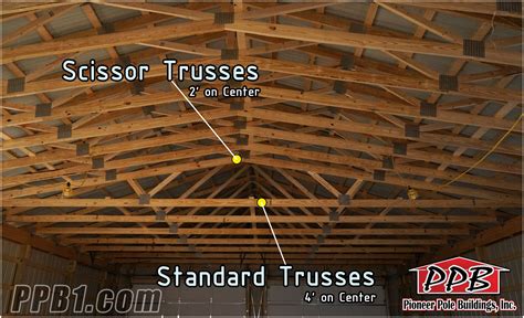 the inside of a wooden building with measurements for trusses and other details on it