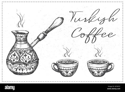 Ancient turk and coffee mugs on white background.Turkish Coffee text ...