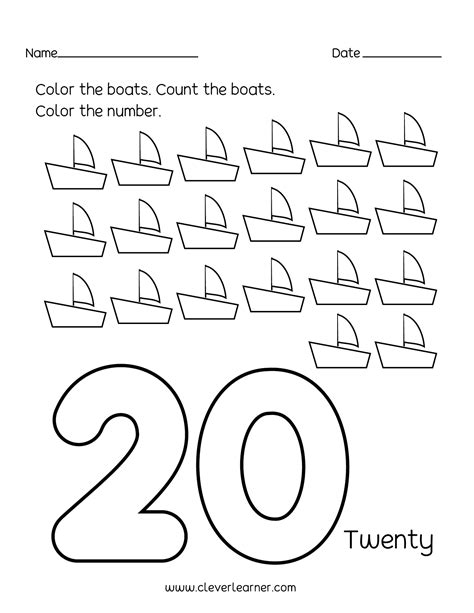 Number 20 writing, counting and identification printable worksheets for children