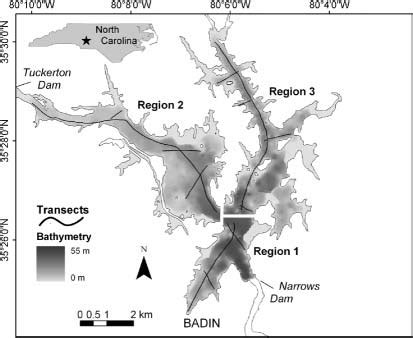 —Map of Badin Lake, North Carolina. Bathymetry (shading) was ...