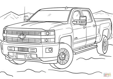 a large pickup truck is driving through the desert with mountains in the background coloring page