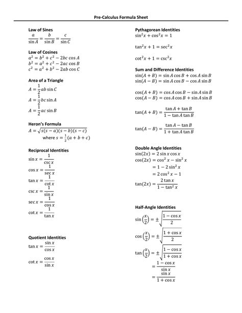 Pre-calculus Formula Sheet Download Printable PDF | Templateroller