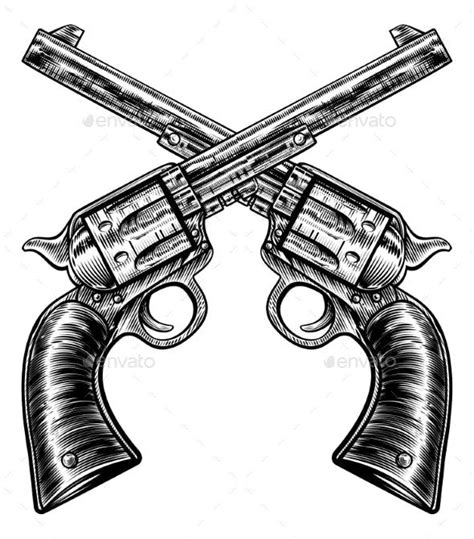 Crossed Pistol Gun Revolvers Vintage Woodcut Style - Miscellaneous Vectors Pistol Gun Tattoos ...