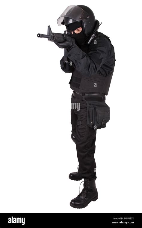 Riot police officer in black uniform isolated on white Stock Photo - Alamy