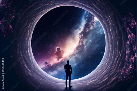 Human looking in infinity space galaxy. Earth background. Stock ...