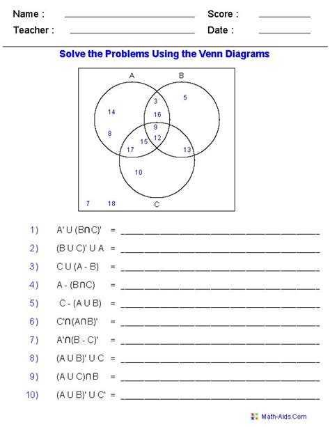 Venn Diagram Worksheets - Set Notation Problems Using Three Sets ...