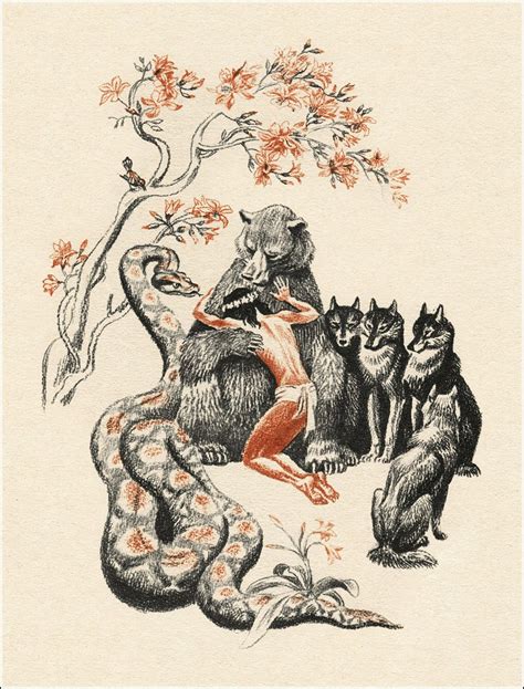 an illustration of a woman sitting on a tree surrounded by bears and other wild animals