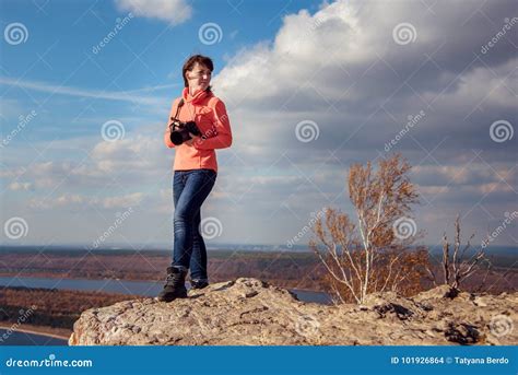 Girl Taking Pictures of the Landscape Stock Photo - Image of backpacker ...