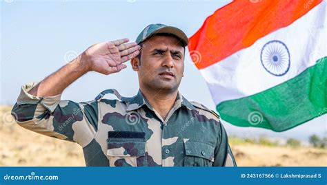 Front View Low Angle Shot of Proud Indian Army Soldier Saluting while ...