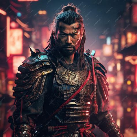 Premium AI Image | shot of samurai Cyberpunk samurai surrounded by city neon lighting