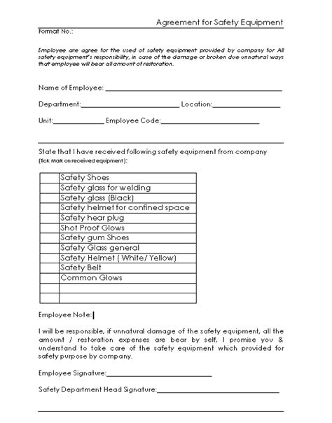 Agreement sample for safety equipment