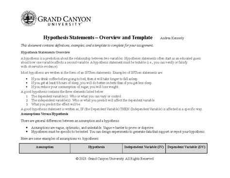 Hypothesis Statements – Overview and Template - Hypothesis Statements – Overview and Template ...