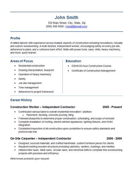 Independent Contractor Resume Example - Construction, Labor, Trades