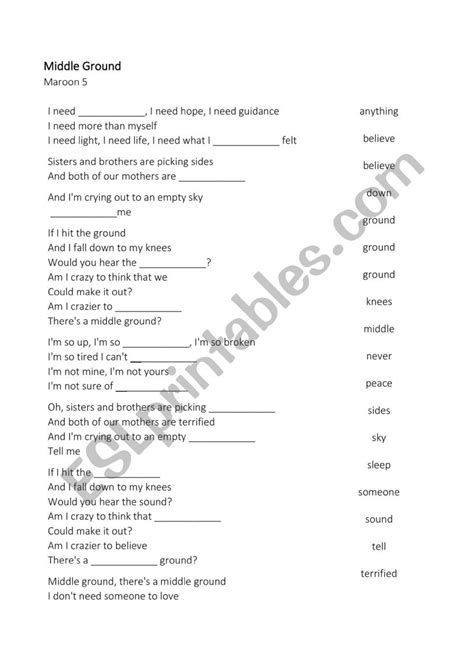 Middle Ground - Maroon 5 - song - ESL worksheet by ligiaberenguer