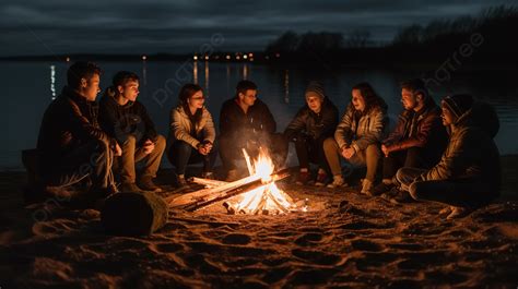 Group Of Friends Sit Around A Campfire Near Water Background, Bonfire ...