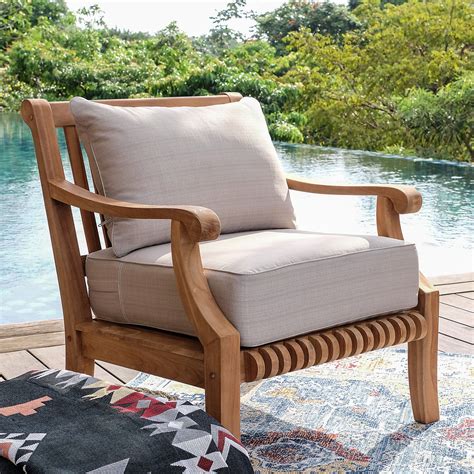 Mosko Teak Wood Outdoor Lounge Chair with Beige Cushion | Patio ...