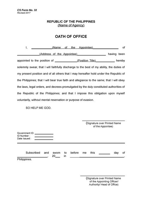 CS Form No. 32 Oath of Office - CS Form No. 32 Revised 2017 REPUBLIC OF THE PHILIPPINES (Name of ...