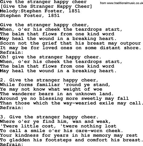 Old American Song - Lyrics for: Give The Stranger Happy Cheer, with PDF